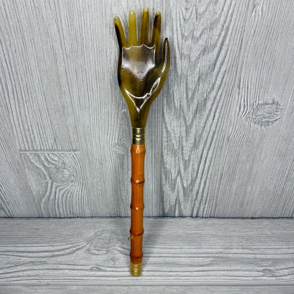 Vintage Back Scratcher Bamboo & jade color stone or plastic collectable art